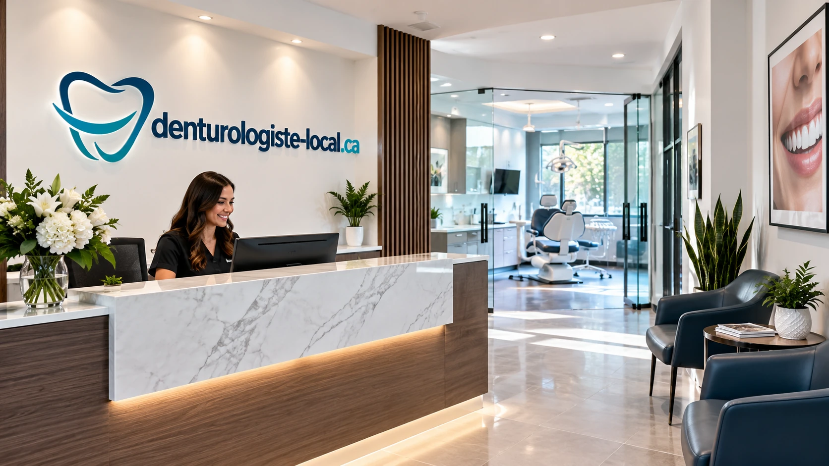 Réception d'une clinique de denturologie avec comptoir d'accueil, réceptionniste souriante et salle de traitement vitrée en arrière-plan