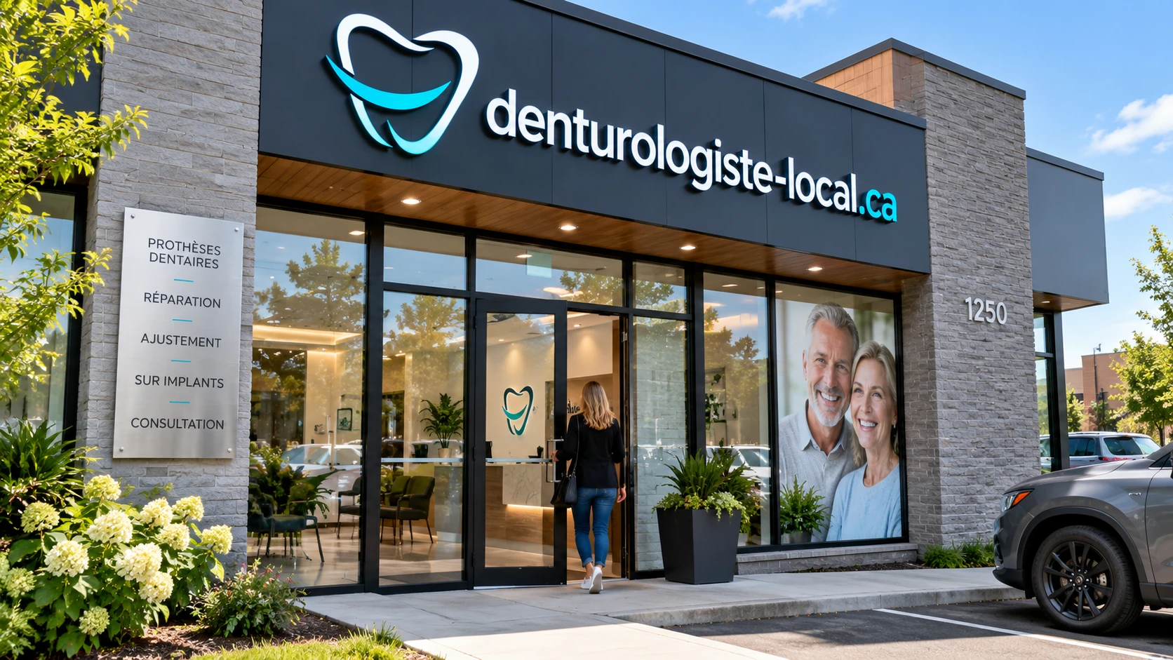 Devanture d'une clinique de denturologie avec enseigne, panneau des services et entrée vitrée sur rue