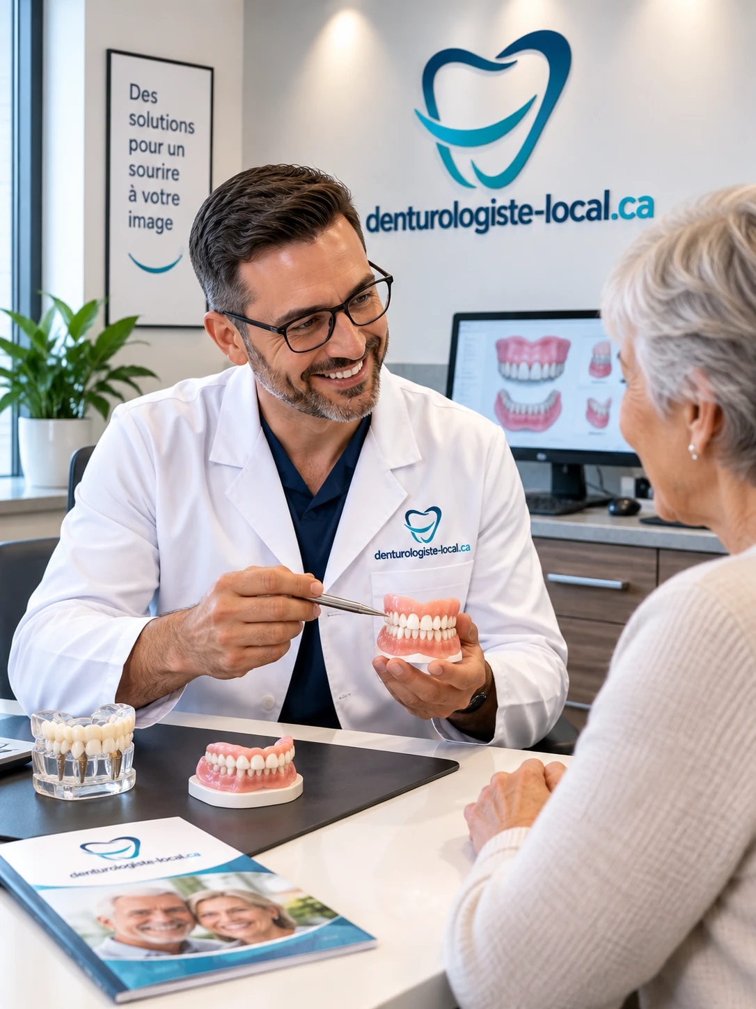 Denturologiste présentant une prothèse dentaire complète à une patiente aînée, avec modèles de prothèses sur le bureau et écran de conception
