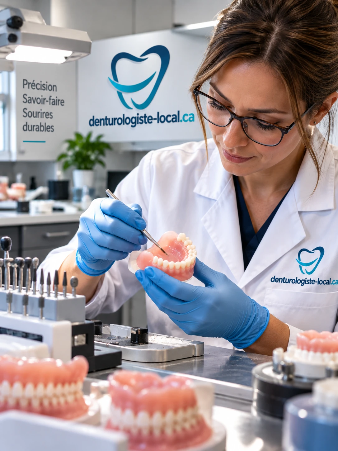 Technicienne en laboratoire de denturologie finissant une prothèse dentaire à la fraise, gants bleus et rangée de prothèses sur l'établi
