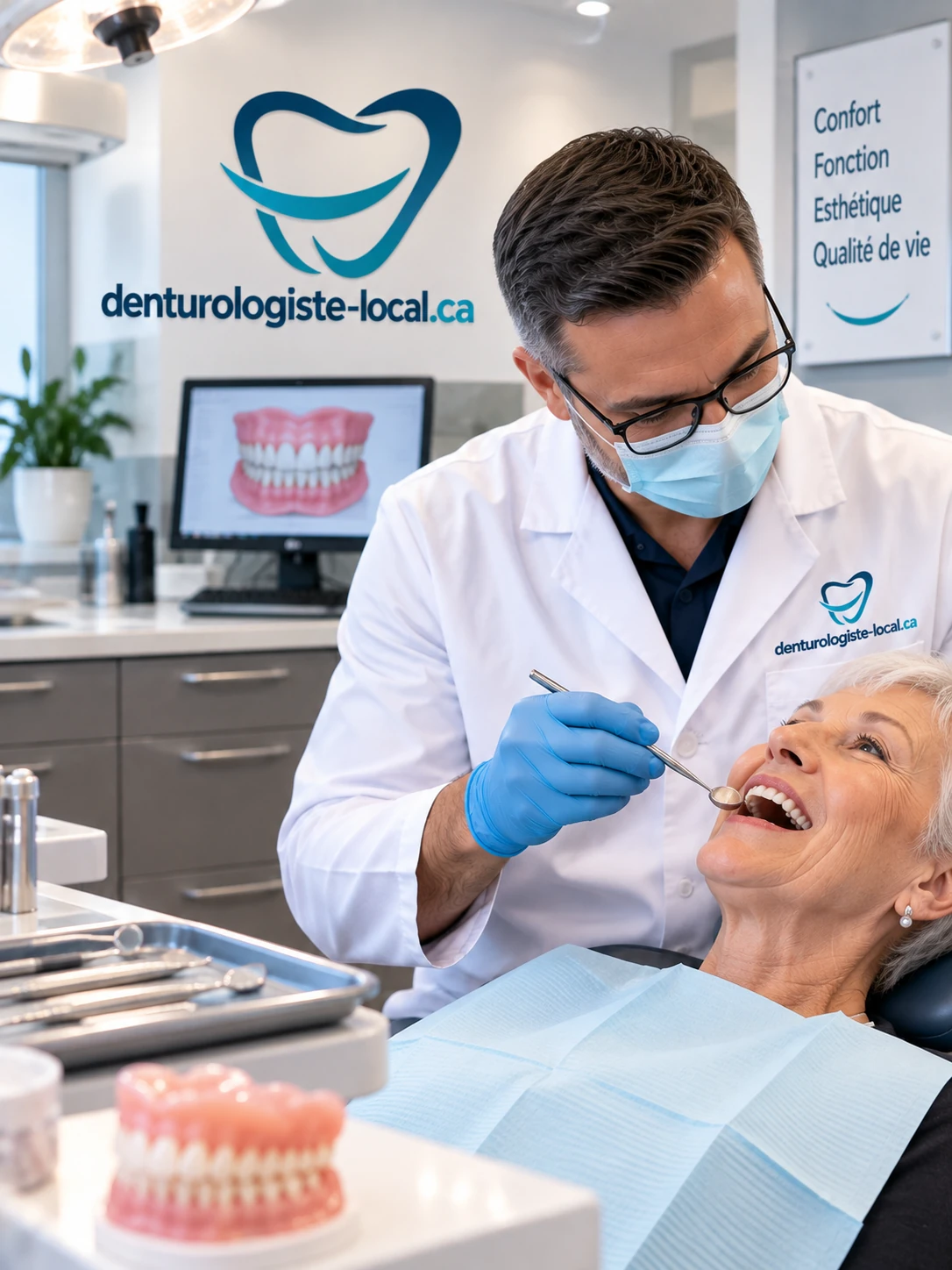Denturologiste examinant la bouche d'une patiente installée au fauteuil, avec plateau d'instruments et modèle de prothèse au premier plan