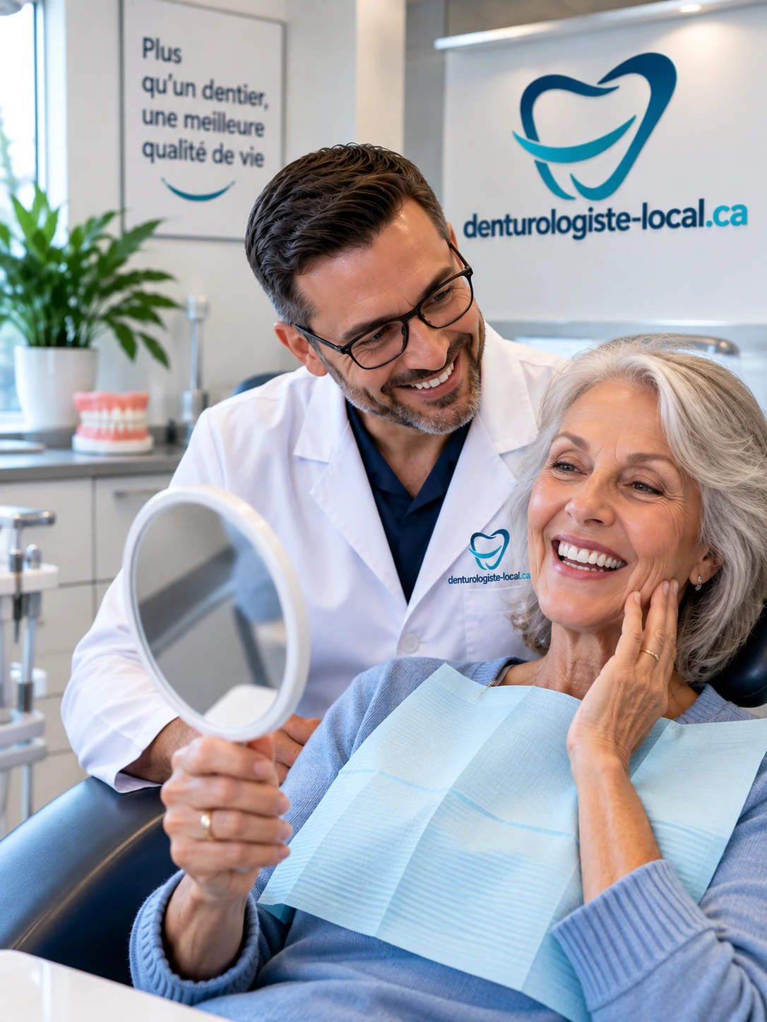 Patiente aînée souriante tenant un miroir à main au fauteuil, le denturologiste à ses côtés